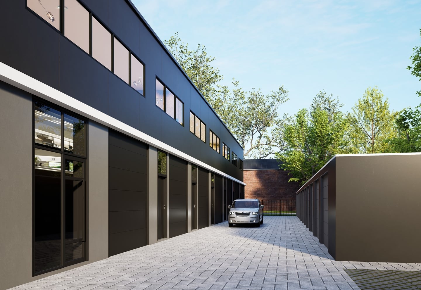 Flex-Square Kerkrade — binnenterrein met de overheaddeuren van de units
